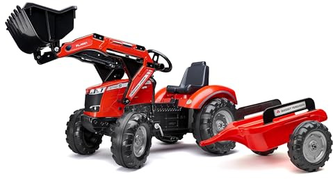 FALK - Tractopelle à pédales Massey Ferguson avec et remorque - Jeux exterieur enfant - Tracteur enfant - Dès 3 ans - Fabriqué en France - Pelle frontale articulée - Siège ajustable - 4010AM