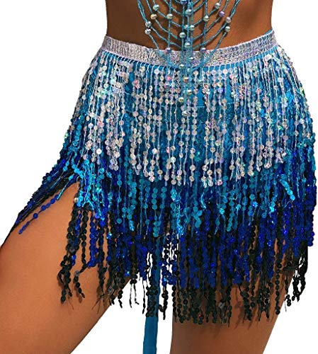Wuchieal Pailletten rock Glitzer rock Bauchtanz Hüfttuch Kostüm Pailletten Quaste Outfits Rock Gürtel Festival Kleidung (Silber/blau/schwarz, One size)