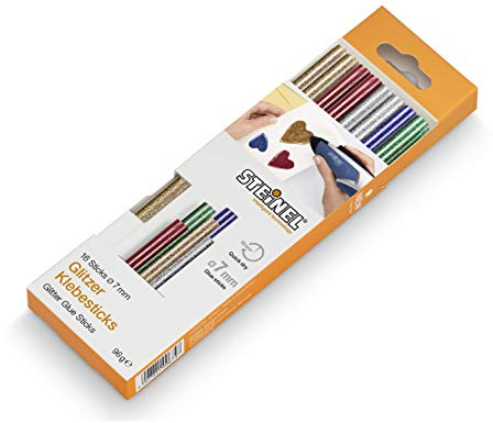 Steinel 65539 Glitzer Klebesticks Ø 7 mm 16 Sticks, 96 g, 150 mm Länge, bunter Schmelzkleber in 5 verschiedenen Farben