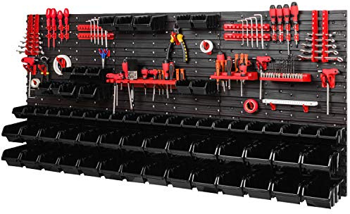 PAFEN Storage System Workshop Shelving 1728 x 780 mm - Wall Shelf with Tool Holder and 64 Black Stacking Boxes - Wall Plates