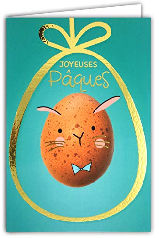62-1018 Carte Joyeuses PÂQUES Lapin œuf en Or Doré Brillant - Avec enveloppe - Format fermé 115x170mm ; Fabrication Française ; coquille ; bleu ciel ;