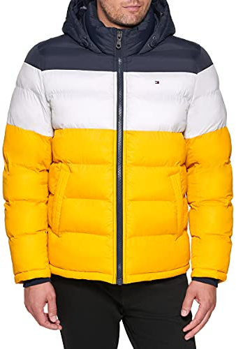 Tommy Hilfiger Down Alternative Hooded Puffer Jacket (Standard and Big & Tall) Manteau Duvet, Bleu Nuit/Glace/Jaune, XL Homme