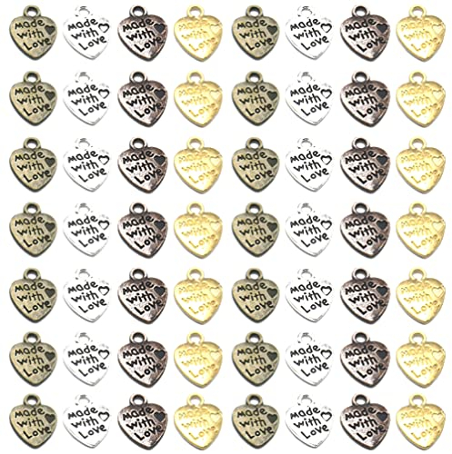Houhounb Handmade Herzanhänger Made with Love Charm Herz Anhänger Schmuckperlen für DIY Handwerk Schmuck Herstellung Zubehör Basteln Dekorationen,12x10mm,4 Farben, 120 Stück