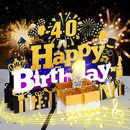 Födelsedagskort, 40:e musikaliska födelsedagskort med ljus, blåsbart ljus 3D födelsedag pop up-kort, blås ut LED-ljus ljus och spela grattis på födelsedagen musik gratulationskort för män eller kvinnor – svart guld