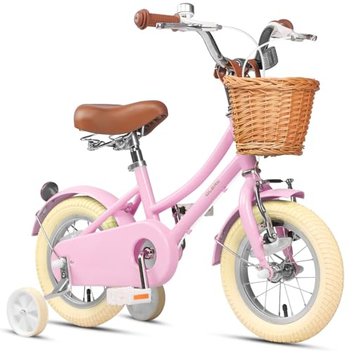 Glerc 12 Inch Kids Girls Bike for 3 4 5 Years Old Little Girls Retro Vintage Style Bicycles with Basket,Stabilisers and Bell,Color Pink