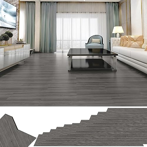 XMTECH PVC-golvbeläggning självhäftande vinylgolv, träeffekt golvdekal vattentät, för kök vardagsrum badrum garage, 91,44 x 15,24 cm, tjocklek 2 mm, 18 stycken – 2,5 m², mörkgrå