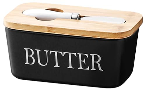 Simcat Butter Dish with Lid and Knife, Ceramic Butter Dish with Double Silicone Seals Butter Box, Butter Container Perfect for East West Coast Butter, Black