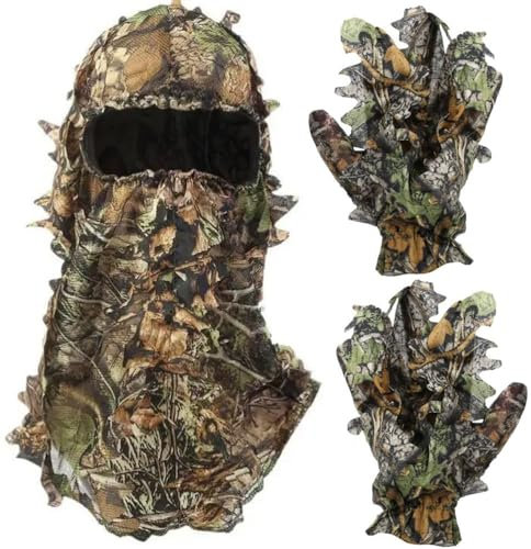 RALSPEC 3D Camouflage Sturmhaube + Handschuhe Set Echtes Blatt Eichenbaum Camo Ghillie Hood Mesh Gesichtsmaske Airsoft Jagd Wildlife Fotografie