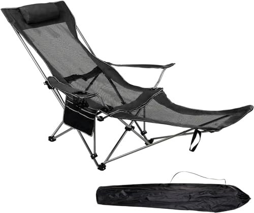 Folding Reclining Adjustable Camping Chair with Detachable Footrest - Lightweight, Portable, Reclining Camp Chair Headrest - Fold Up for Outdoor, Garden, Beach (Black)
