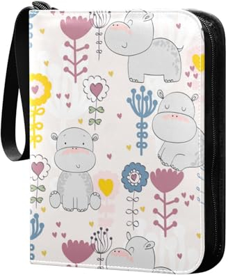 Blumen und Nilpferde Sammelkartenalbum 4 Taschen Kartenordner 50 Seiten 400 Karten PU Reißverschluss Kartenbinder Aufbewahrungshalter für Sportspielkarte