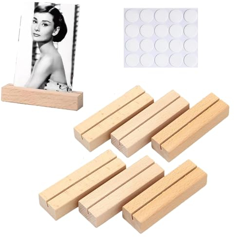 GSHUR 6 Stück Kartenhalter Holz, Tischkartenhalter Kartenhalter Menükartenhalter Postkartenhalter Fotohalter mit Doppelseitigen Klebstoff für Hochzeiten Partys Restaurants (Vertikalrille)