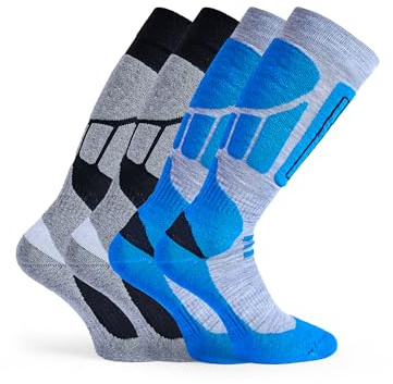 Basic Treasure 2er Pack Skisocken Herren 43-46 Schwarz/Blau, Warm und Lang Skistrümpfe, Ski Socken, Extra Starke Polsterung, Skisocken für herren und Damen