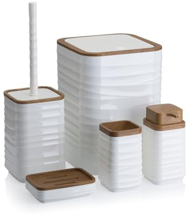 HowHomely Badezimmer Set mit Klobürste Seifenspender Zahnputzbecher Seifenablage und Mülleimer | Weiß Badezimmer Zubehör Set | Modern Badaccessoires Set (Wave)