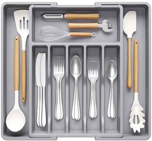 Lifewit Range Couverts pour Tiroir, Organisateur Réglable pour Vaisselle, Profondeur 42,4cm, Grand Plastique Porte Ustensiles pour Cuisine, Amenagement Placard pour Cuillère/Fourchette/Couteaux, Gris