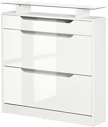 HOMCOM Armoire à Chaussures avec 2 Tiroirs Rabattables + 1 Tiroir Coulissant + 1 Comptoir et 1 Plateau en Verre Étagère Réglable sur 2 Niveaux 89 x 23 x 96 cm Blanc