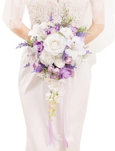 Floinla Bridal Bouquet Cascading Wedding Bouquet for Bride Lilac Purple