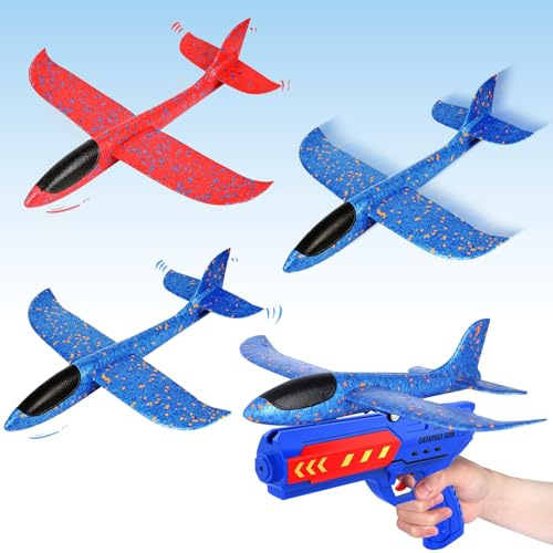 Smdbzda Avion Jouet Enfant, 3 Pack Avions Planeurs en Mousse, Avion Polystyrene avec Pistolet Catapulte, Planeur en Mousse, Cadeau Enfant Anniversaire Garçon Fille 3-12 Ans