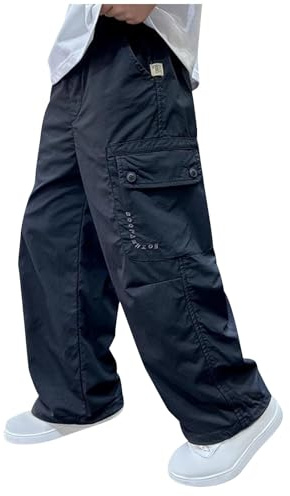 Pantalones Cargo para Niños y Niñas,Pantalones Deportivos de Algodón con Multibolsillos Holgados Color Sólido Cintura Alta Pantalón Deporte de Pernera Ancha Cómodo Jogger Pants Ropa Niño 5-16 Años