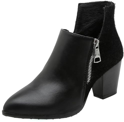 LarDorLin Mujer Invierno Puntiagudo Chelsea Tacón Ancho Botas Cortas Oficina Warm Chunky Western Cowboy Botín Clásica Negro-S Talla 38 EU (39 Cn)