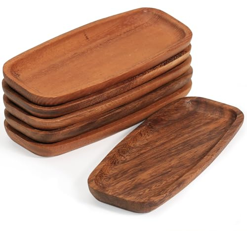 MeowAroma Mini Wooden Serving Platters and Trays, 7-inch Solid Acacia Wood Serving Plates for Food/Snacks/Appetizer, also as Jewelry Trays, Mini Charcuterie Board and Cheese Platter, Reusable (6 PCS)