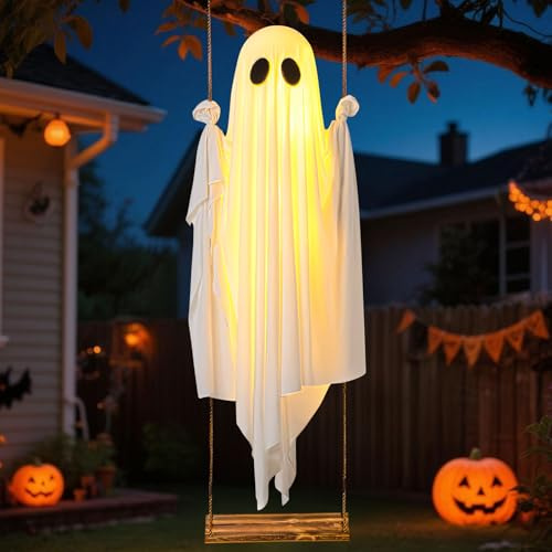 Decoración de Halloween con fantasmas colgantes, 100 cm, con cadena de luz, columpio colgante, fantasmas con mando a distancia, decoración de Halloween, al aire libre, fantasma con luces LED, fantasma
