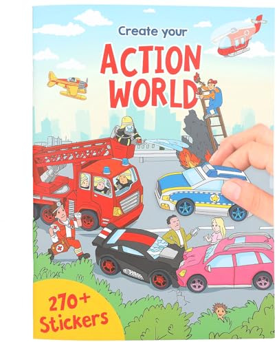 Depesche 13807 Create Your Action World Colouring Book with 24 Pre-Printed Background Pages for Designing City and Country Life, Set Including 270 Stickers