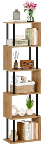 IBUYKE 5/6-Tier Tall Bookshelf,S-Shaped Geometric Bookcase, Wood Display Shelves With Storage,Modern Bookshelf for Living Room Bedroom, Home Office, Oak WBC016K