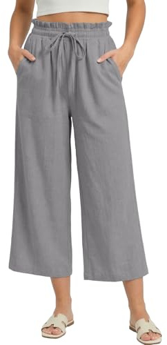 Husmeu Pantalon Femme en Coton Lin 3/4 Pantalon Palazzo Capri Femme Taille Élastique avec Volants Léger et Respirant Poches Gris S