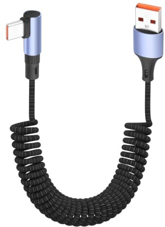 YACSEJAO 100W spoleformade USB A till USB C-kabel, rät vinkel, 1,5 meter utdragbar 90 graders USB typ C snabb laddningskabel, 6A spiral nylonflätad omvänd kontakt för telefon/laptop/bil (rak)