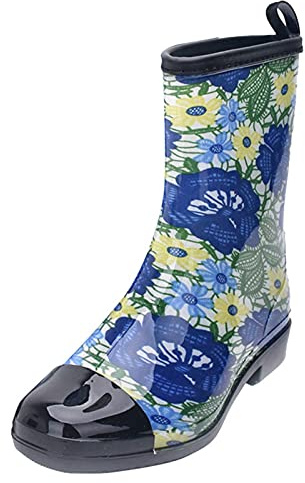 Stivali in gomma da donna, colorati, a mezza altezza, con fiori, con stampati, stivali da trekking, stivali da pesca, stivali da pioggia, Blu, 39.5 EU
