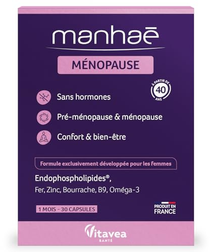 Vitavea - Manhaé - Complément Alimentaire Ménopause et Pré-Ménopause Sans Hormones - Confort et bien-être pendant la ménopause - Acide Folique, Omega 3, Zinc, Fer, 30 gélules, Cure de 1 mois