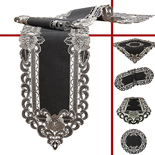 Quinnyshop Grau Tischaufleger Tisch-Deckchen Leinen-Optik Blumen Stickerei (ca. 20 cm Rund)