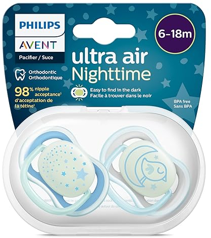 Philips Avent ultra air Nighttime Schnuller – 2er Pack, BPA-freier, atmungsaktiver, im Dunkeln leuchtender Schnuller für Babys von 6-18 Monaten, inklusive Transport- und Sterilisationsbox, blau/grau