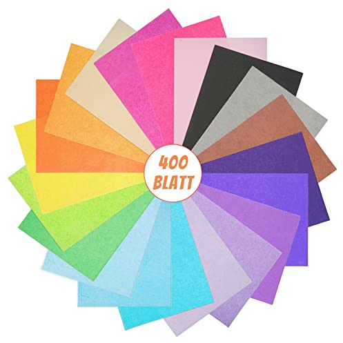 VGOODALL 400 Blatt Transparentpapier Bunt, 20 Farben Seidenpapier, Tissue Paper DIN A4, 16 g/qm Glanzpapier zum Basteln, Bastelpapier für Geburtstag Hochzeit Weihnachten Dekoration Verpackung