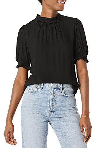 Amazon Essentials Women's Fluid Twill Short Puff Sleeve Smock Detail Shirt, Black, XXL