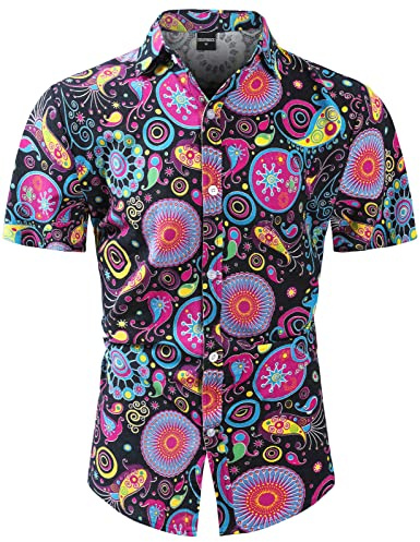 COSAVOROCK Män 70s Hippie Skjortor Fully Funky Casual Hawaiian kortärmad skjorta | hawaiianska skjortor för män, fruktskjorta, sommarskjorta, semester