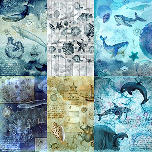 Papel de arroz de morera con temática de vida marina, 20,5 x 26,5 cm, 6 imágenes diferentes de papel de morera impresas de 30 g/m², fibras visibles para decoupage, manualidades, collage de medios
