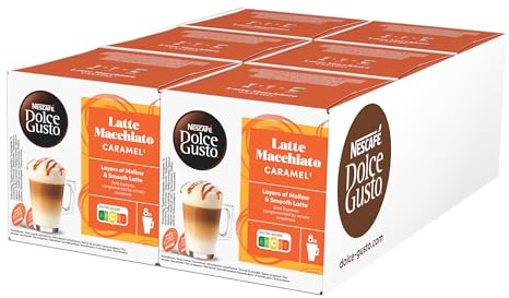 NESCAFÉ Dolce Gusto Latte macchiato-karamell | 96 kaffekapslar | Arabica Robustablandning | Fin karamellsmak och gott mjölkskum | aromförseglade kapslar | 6-pack (6 x 16 kapslar)
