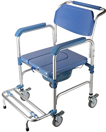 Toilettenstuhl mit Rollen Duschstuhl mit Toilette für Senioren Fahrbarer Toilettenrollstuhl mit Armlehne Rückenlehne und Toiletteneimer bis 150kg Duschstuhl mit Rollen für Behinderte