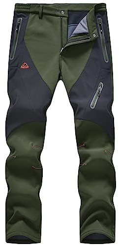 donhobo Men's Waterproof Trousers Softshell Fleece Lined Outdoor Walking Warm Thicken Hiking Ski Pants with Zip Pockets Green 34-1