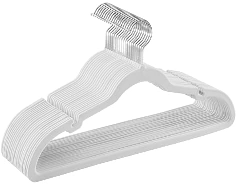 SONGMICS Velvet Coat Hangers, Pack 20, Non-Slip, Space-Saving | 0.6 cm Thick, 43 cm Long, with Shoulder Notches, Trouser Bar, 360° Swivel Hook, Cloud White, Breanna Collection CRF029W02