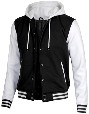 Decrum Hooded Varsity Jacket Men - High School Letterman Bomber Style Hoodie Mens Baseball Jackets, Black & White Hooded Varsity Jacket, M