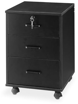 TUKAILAI Rollcontainer Abschließbar mit 3 Schubladen, Aktenschrank unter Schreibtisch, Büroschrank mit Rollen, Dokumente in DIN-A4, Legal, Letter-Format, Büromöbel, Büro,Schwarz