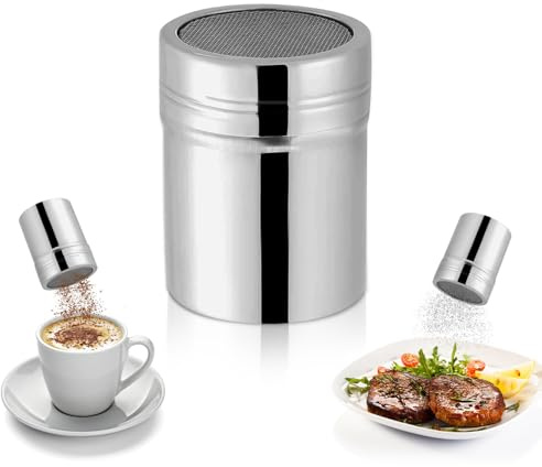 Tissting Spargi Zucchero, 11oz 6,8 x 9 cm Spargi Cacao Acciaio Inossidabile Dispenser Cacao con Coperchio, Agitatore per Farina Powdered Sugar Shaker per Caffè Spezie Farina Cacao Cannella