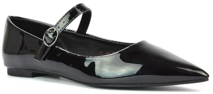Women's Flat Mary Jane Shoes Ladies Buckle Strap Point Toe Black Patent Ballet Pumps Size 7