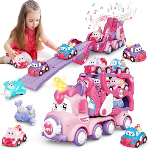 TERRAMUS Cartoon Auto Spielzeug für Kinder, 7 in 1 Transport Truck Spielzeug Autos mit Licht und Musik, Träger LKW Fahrzeuge Spielzeugauto, Weihnachten Geburtstag Geschenke für Mädchen 3 4 5 6 Jahre
