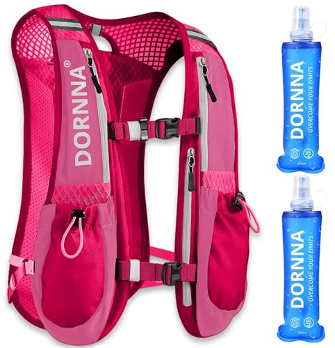 DORNNA - Laufweste Damen und Herren mit 2 Trinkflasche 500 ml, Running Vest Einheitsgröße, Laufrucksack Herren, Trinkrucksack Laufen. (Rosa + 2 Soft Flask 500ml)