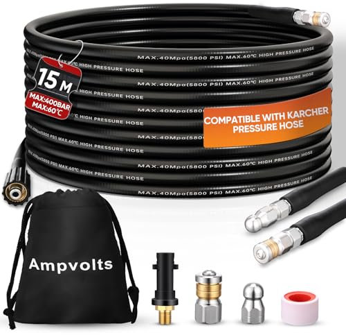 Ampvolts 15M Déboucheur Canalisation Haute Pression - 400 Bar/5800 PSI, Compatible avec Nettoyeurs Haute Pression karcher K2 K3 K4 K5 K6 K7 - Pour un Nettoyage Facile des Tuyaux et Éviers Obstrués