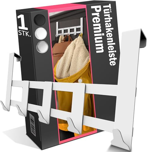 Menz Premium Türgarderobe zum Einhängen, weiß - Rostfreie Türhaken zum Einhängen Edelstahl, Kleiderhaken Tür mit hoher Tragkraft - Universelle Türhakenleiste mit 5 Haken, Handtuchhalter Tür