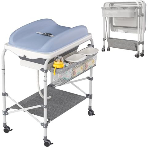YRHome 2 in 1 Baby Wickeltisch mit Flatbare Badewanne Mobiler Wickeltisch Klappbarer mit 4 Leisen 360°-Rollen Tragbarkeit Bade-Wickelkombination mit Ablagefach Stabil Bis 50KG Baby Changing Table Grau